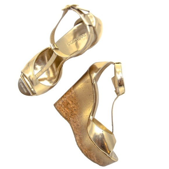 Jimmy Choo Shoes - Jimmy Choo Gold shoes Patent Leather Cork Wedge T Strap Sandals Size 36 USA 6